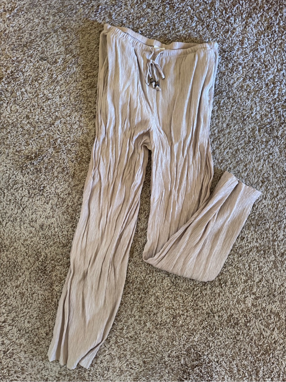 Zara Light Beige Crinkle Wide-Leg Pants